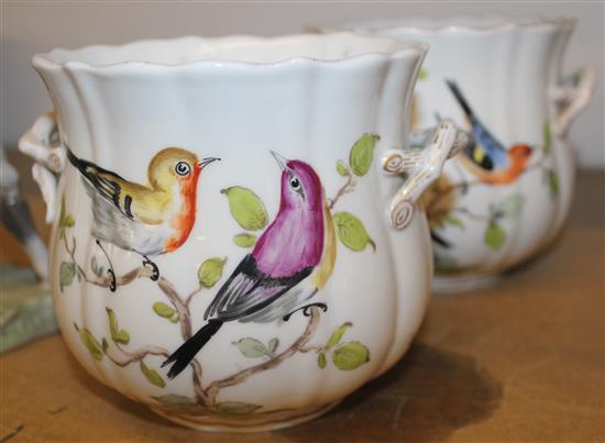 Pair Dresden planters, decorated with birds